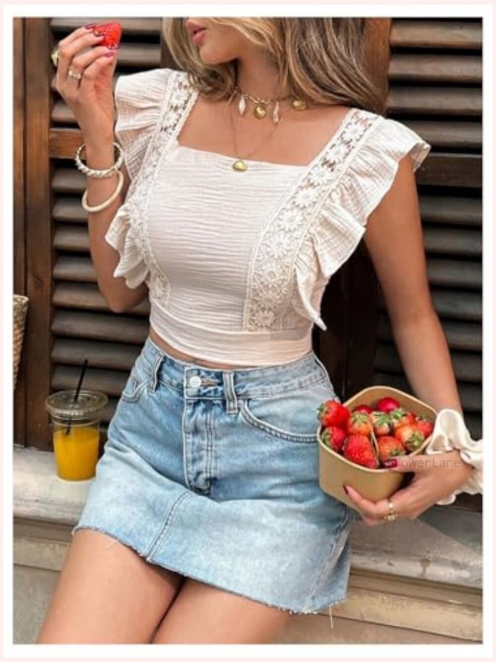 Ruffle Trim Floral Embroidery Crop Top Tie Back Blouse - Picture 5 of 5
